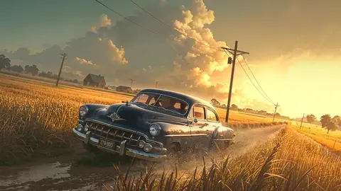 Fugitives game cover art of an old car speeding in a farm landscape.