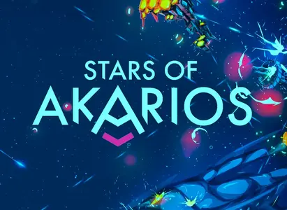 Stars of Akarios game cover art, which has a sci-fi style logo placed on colorful space background. The cover has a black and white label: Play-on-TV.